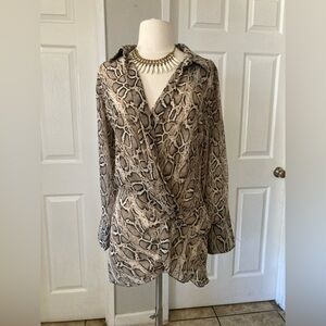 Venti6 Semi Sheer Tunic Blouse Women Medium Faux Wrap Snakeskin print